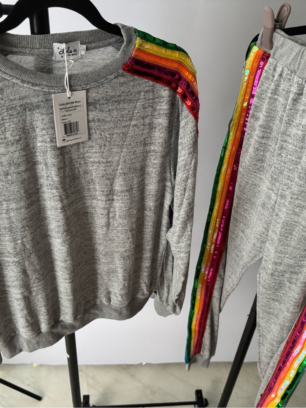 Lola + The Boys Gray Sweatshirt & Jogger Set with Rainbow Sequin Stripes - Picture 3 of 3
